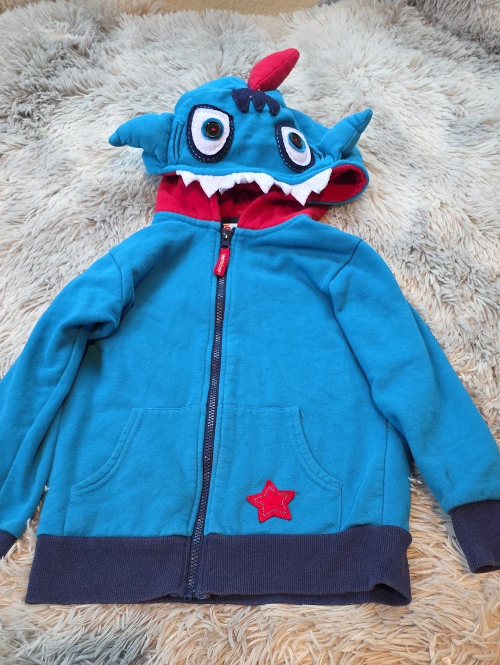 Kids Blue Monster Hoodie with Red Lining and Star Accent